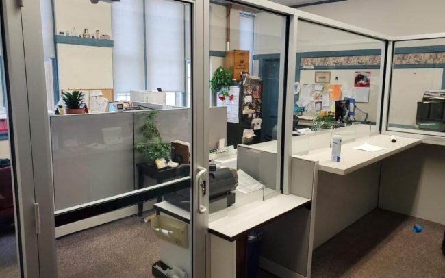 Another angle of the custom glass project for the town of Leicester